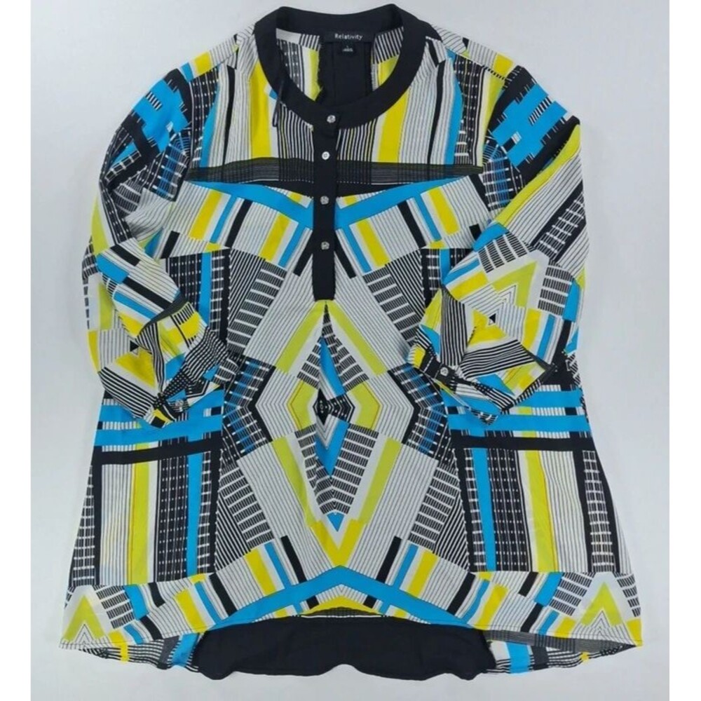 Relativity Blouse Top Womens L Large Multicolor Geometric Sheer 3/4 Sleeve
